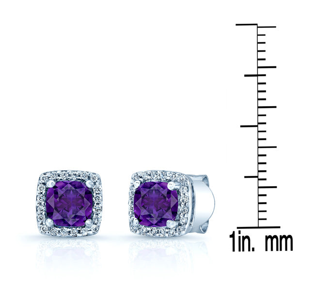 Amethyst And Diamond Cushion Halo Earrings In 14k White Gold