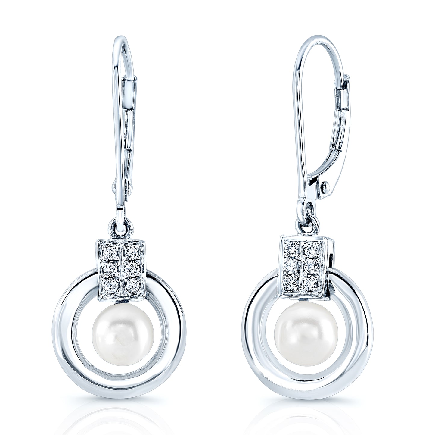 Freshwater Pearl and Diamond Leverback Earrings in 14k White Gold 0.06ctw