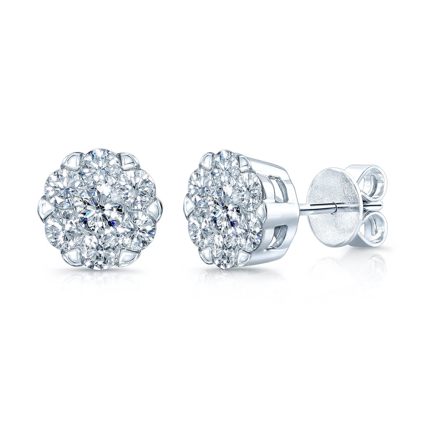 Diamond Cluster Stud Earrings In 14k White Gold