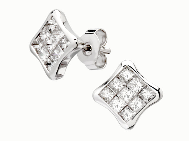 Diamond Invisible Set Square Earrings In 14k White Gold