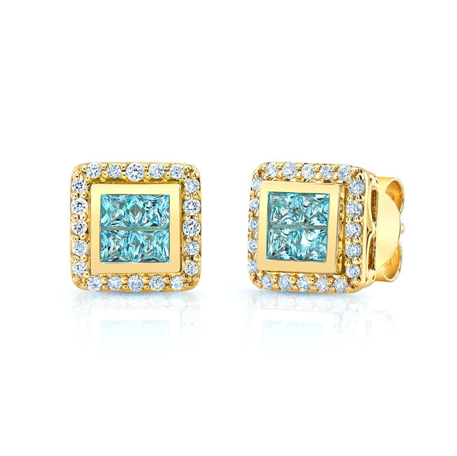 Blue Topaz And Diamond Invisible Set Cube Earrings In 14k Yellow Gold