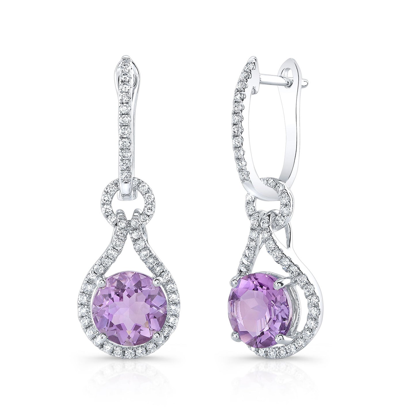 Amethyst Round & Diamond Earring In 14k White Gold