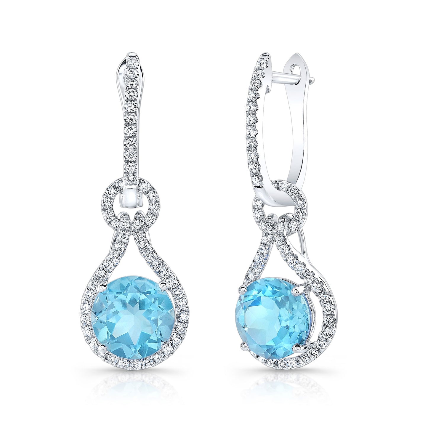 Swiss Blue Topaz Round & Diamond Earrings In 14k White Gold