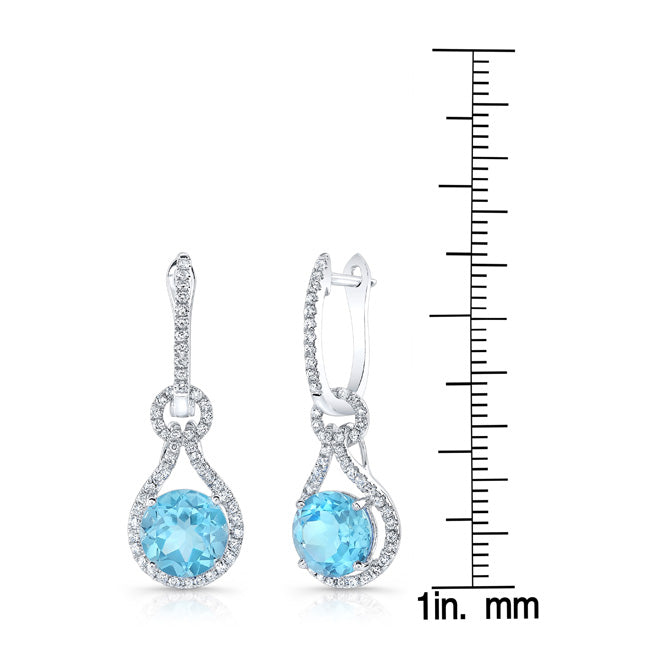 Swiss Blue Topaz Round & Diamond Earrings In 14k White Gold