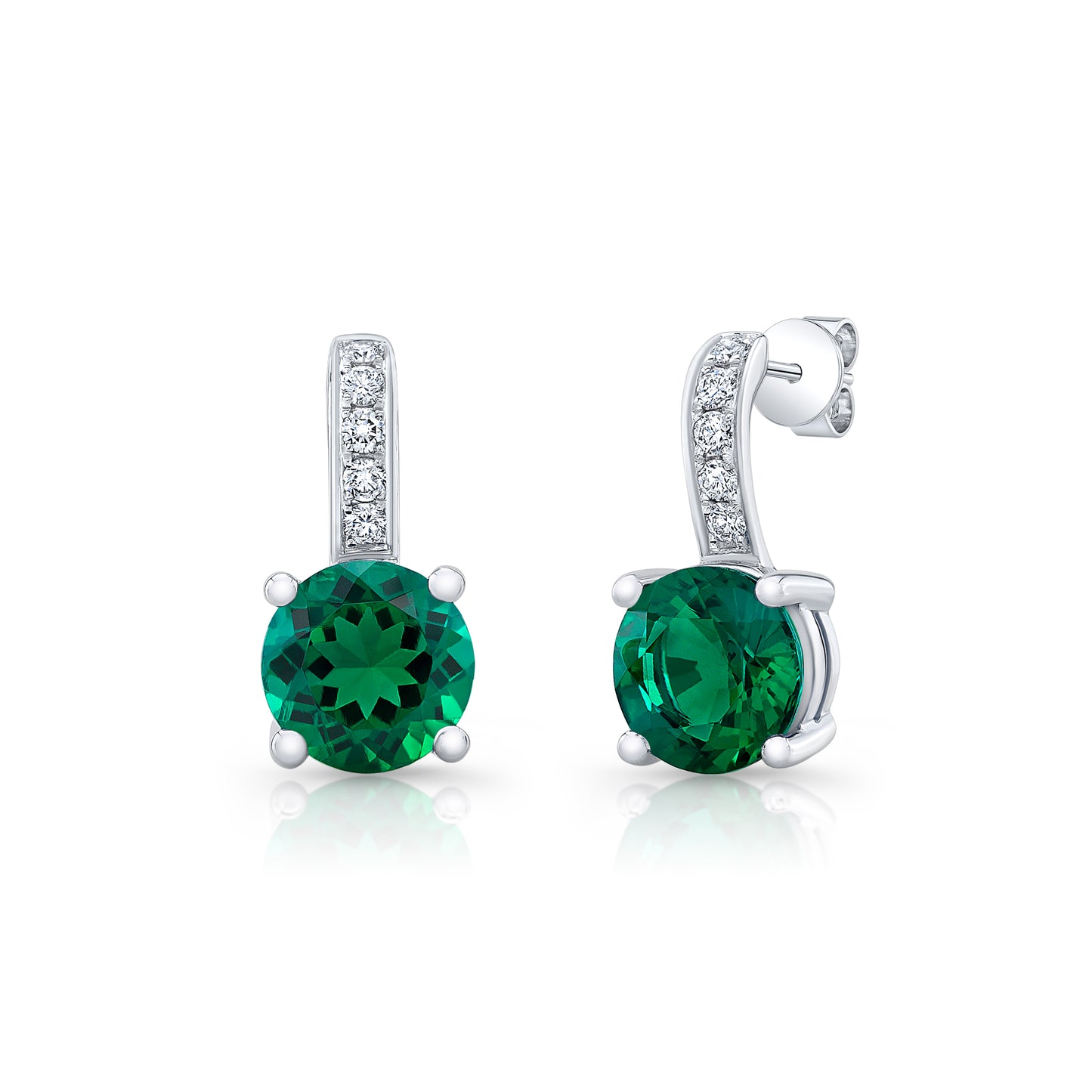 Created Emerald And Diamond Round Drop Earrings In 18k White Gold