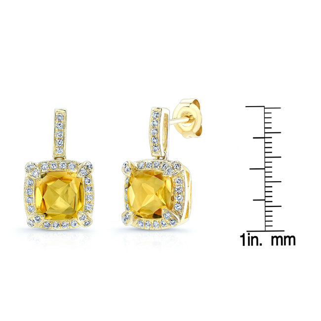 Citrine Cushion And Pave Diamond Earrings In 14k Yellow Gold (3/8 Ct. Tw.)
