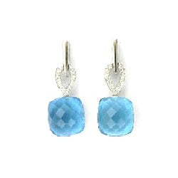 Blue Topaz And Diamond Cushion Drop Earrings In 14k White Gold