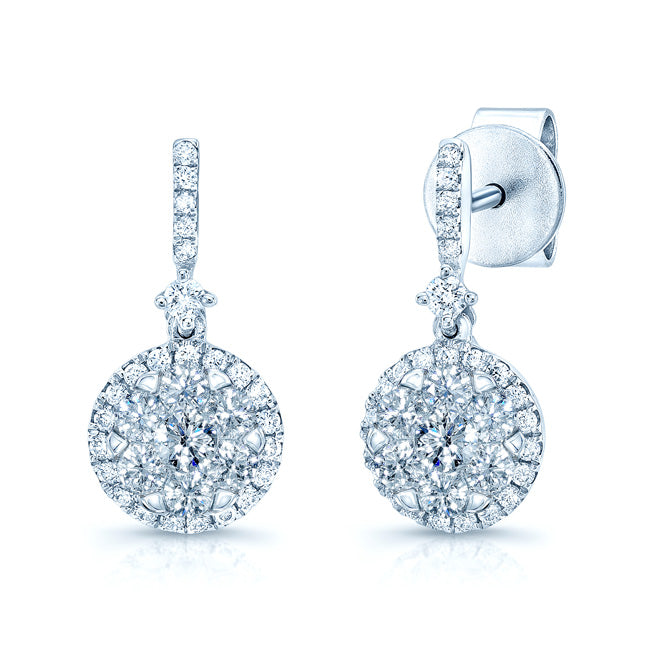 Diamond Cluster Halo Drop Earrings In 14k White Gold