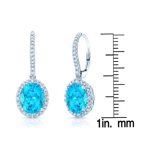 Blue Topaz And Diamond Oval Halo Dangle Earrings In 14k White Gold ( Hi / Si )