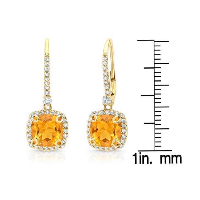 Citrine And Diamond Halo Cushion Dangle Earrings In 14k Yellow Gold (7mm)