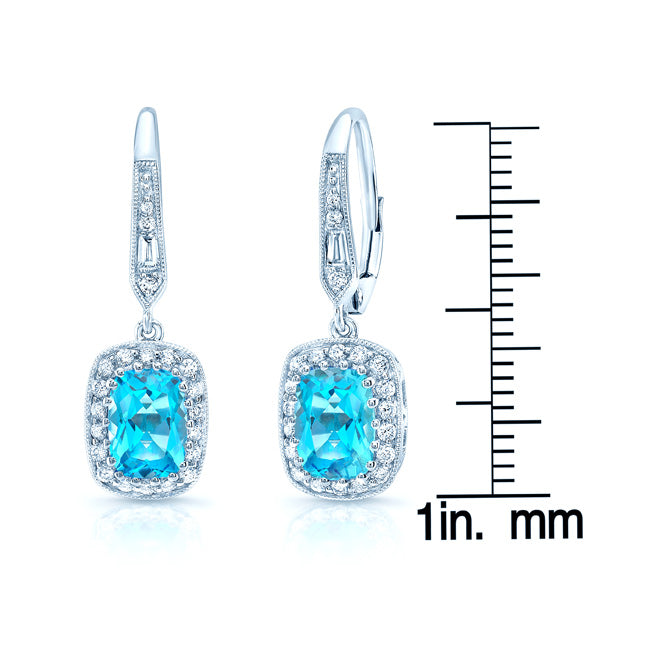 Blue Topaz And Diamond Elongated Cushion Halo Dangle Earrings In 14k White Gold ( Hi / Si )