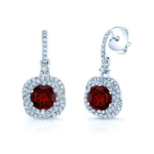 Garnet And Diamond Earrings In 14k White Gold (1/3 Ct.tw.)