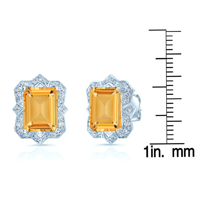 Citrine Emerald Cut And Diamond Earrings In 14k White Gold (1/5 Ct.tw.)
