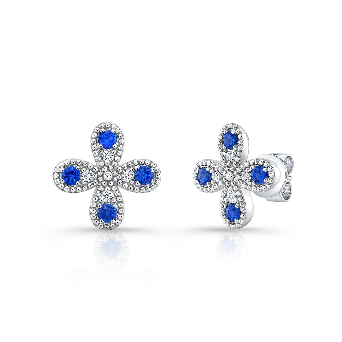 Sapphire and Diamond Clover Floral Stud Earrings in 14k White Gold 1/12ctw