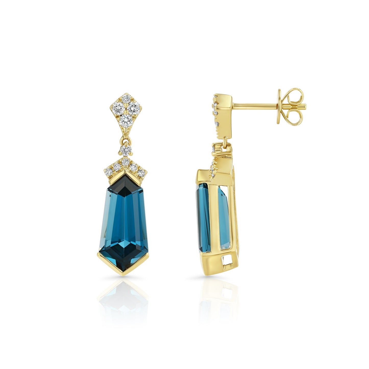 London Blue Topaz and Diamond Shield Drop Earrings in 14k Yellow Gold 1/4ctw
