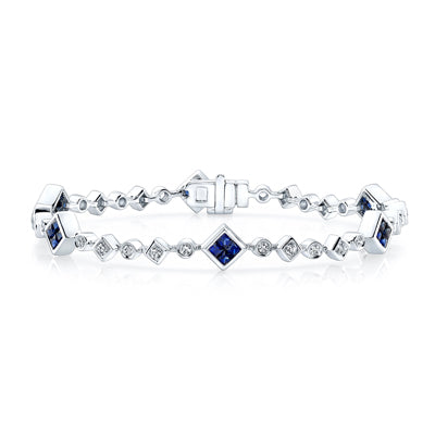 Sapphire And Diamond Bezel Geometric Link Bracelet In 14k White Gold (7.5-in Length)