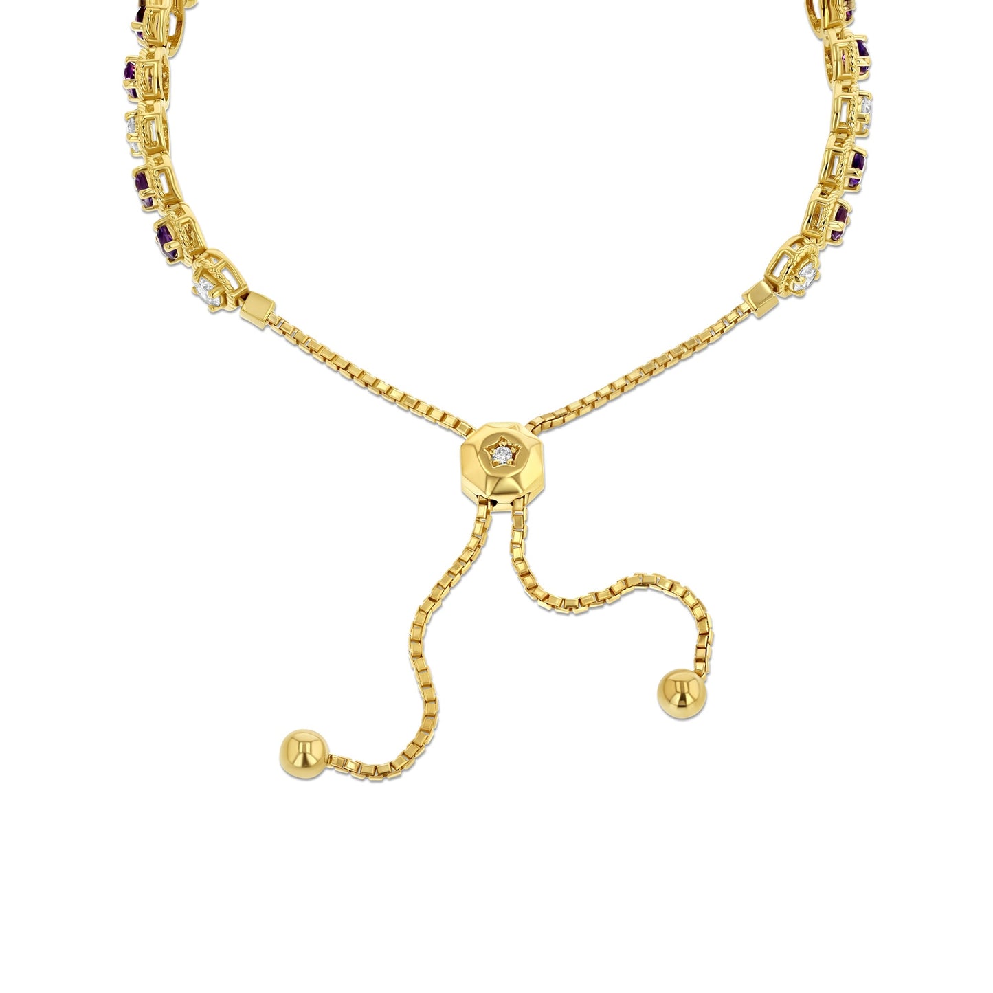 Alternating Amethyst and Diamond Bolo Bracelet in 14k Yellow Gold 1.0ctw
