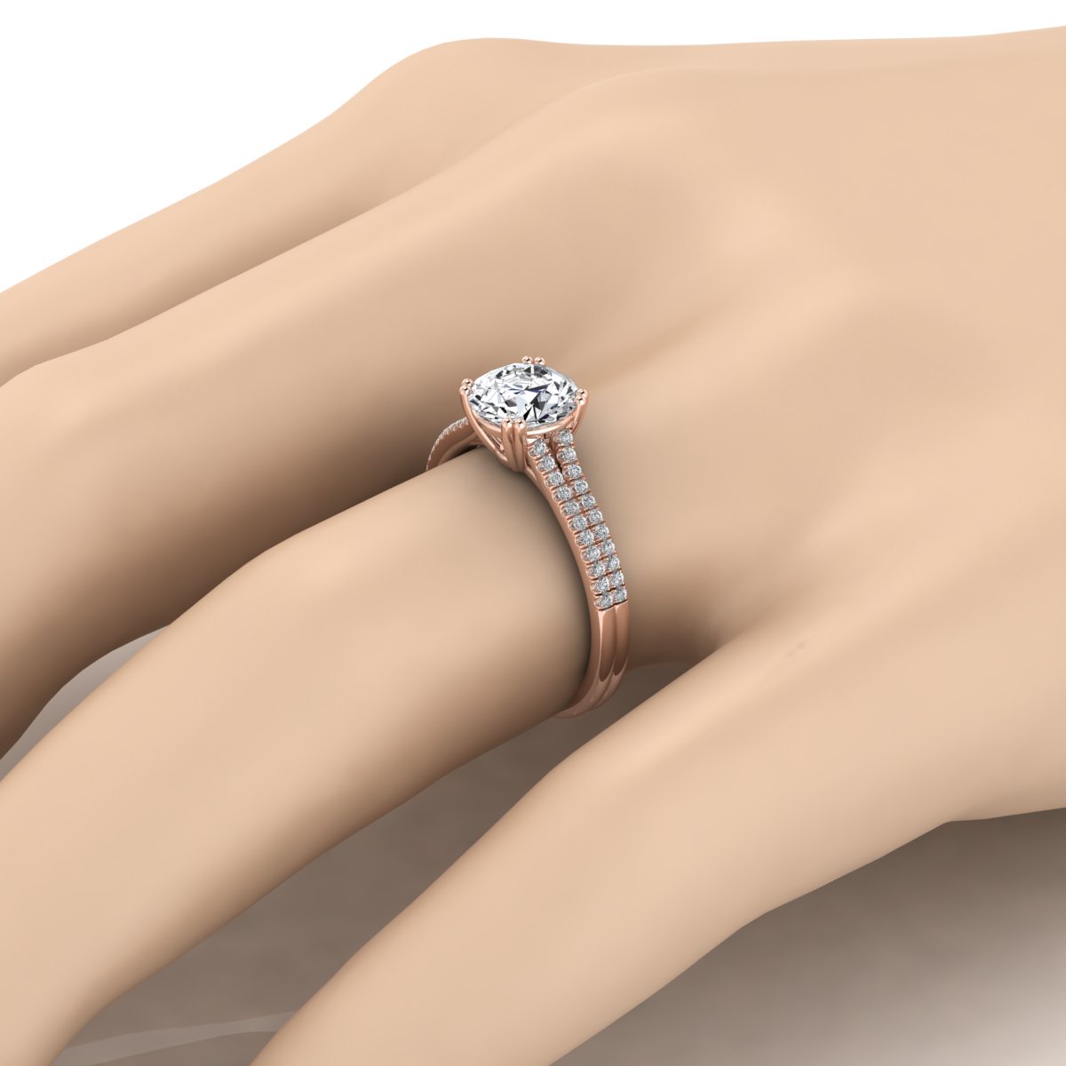 1 1/5ctw Round Diamond 2 Row Engagement Ring With Double Prong Cathedral Setting In 14k Rose Gold, Igi-certified