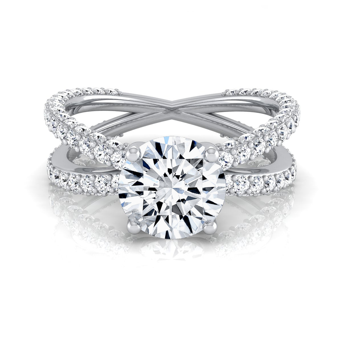 2 1/4ctw Round Diamond Engagement Ring With Crossover Pave Shank In 14k White Gold, Igi-certified
