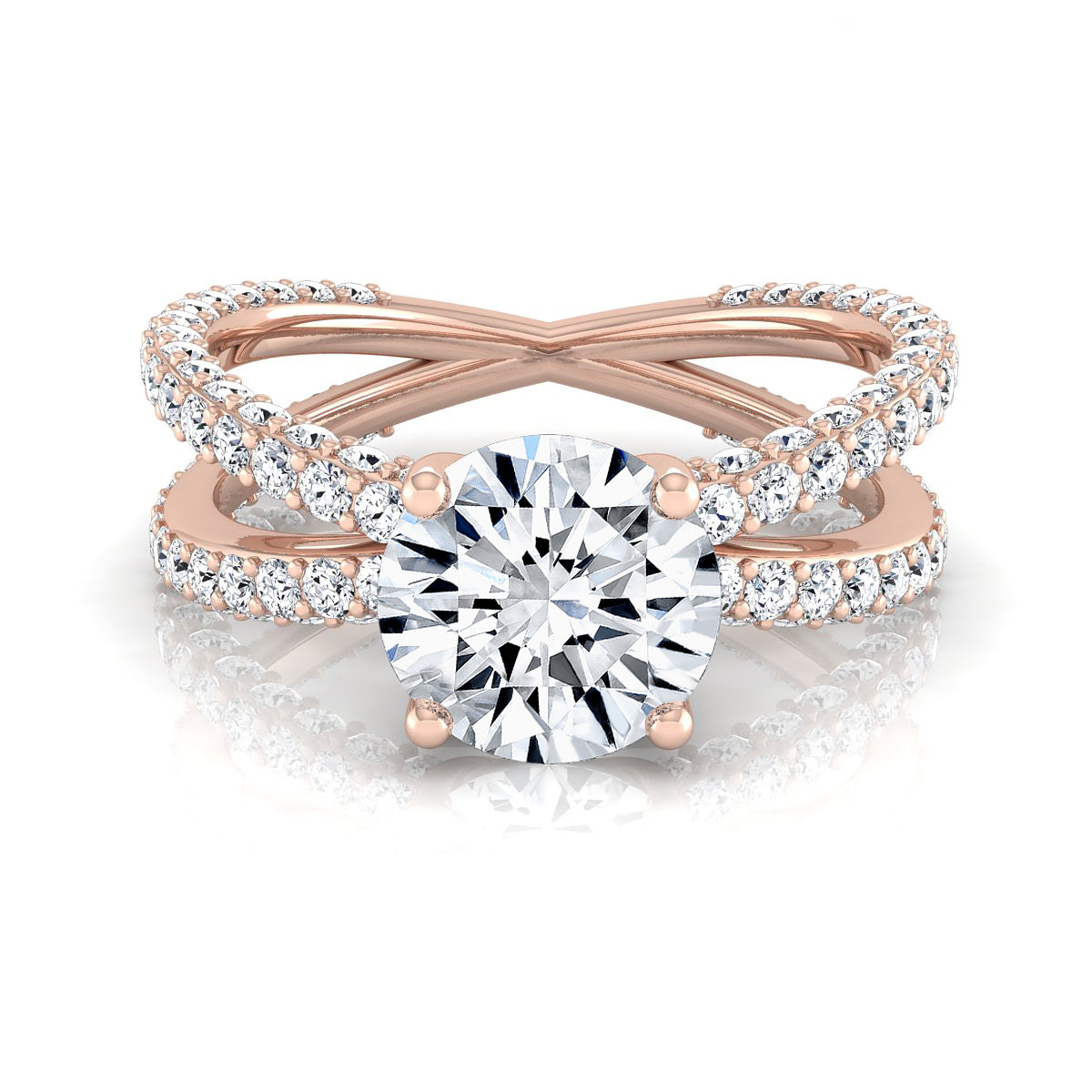 2 1/4ctw Round Diamond Engagement Ring With Crossover Pave Shank In 14k Rose Gold, Igi-certified