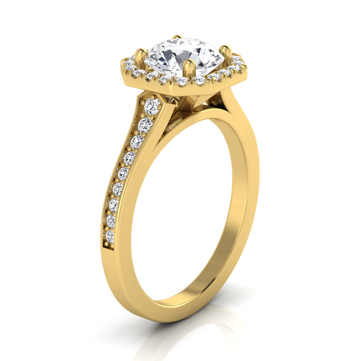 1 1/3ctw Round Diamond Engagement Ring With Octagon Halo Frame And Pave Shank In 14k Yellow Gold, Igi-certified