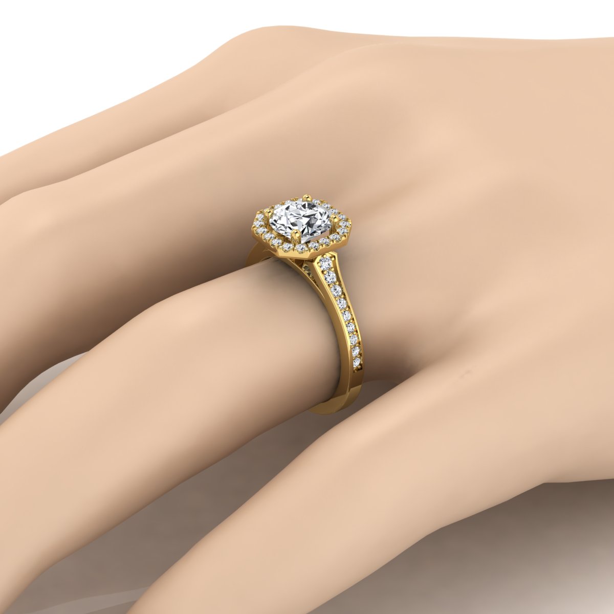 1 1/3ctw Round Diamond Engagement Ring With Octagon Halo Frame And Pave Shank In 14k Yellow Gold, Igi-certified