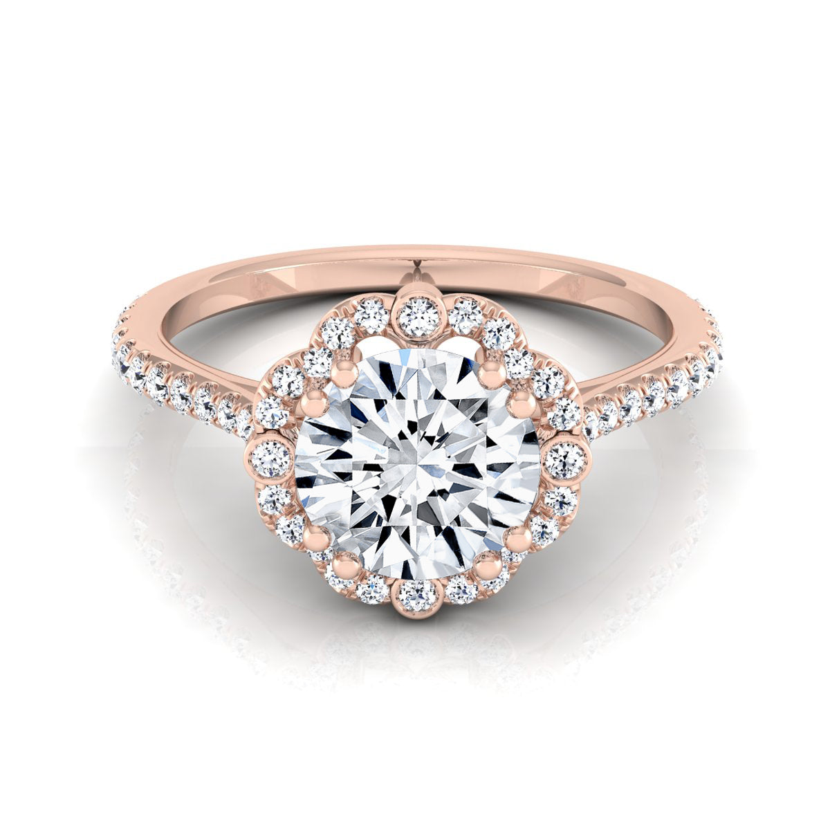 1 1/4ctw Round Diamond Scalloped Halo Engagement Ring With Graduated Shank In 14k Rose Gold, Igi-certified