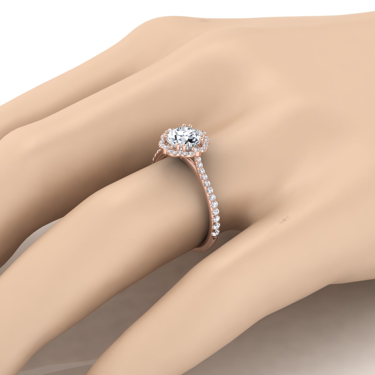 1 1/4ctw Round Diamond Scalloped Halo Engagement Ring With Graduated Shank In 14k Rose Gold, Igi-certified