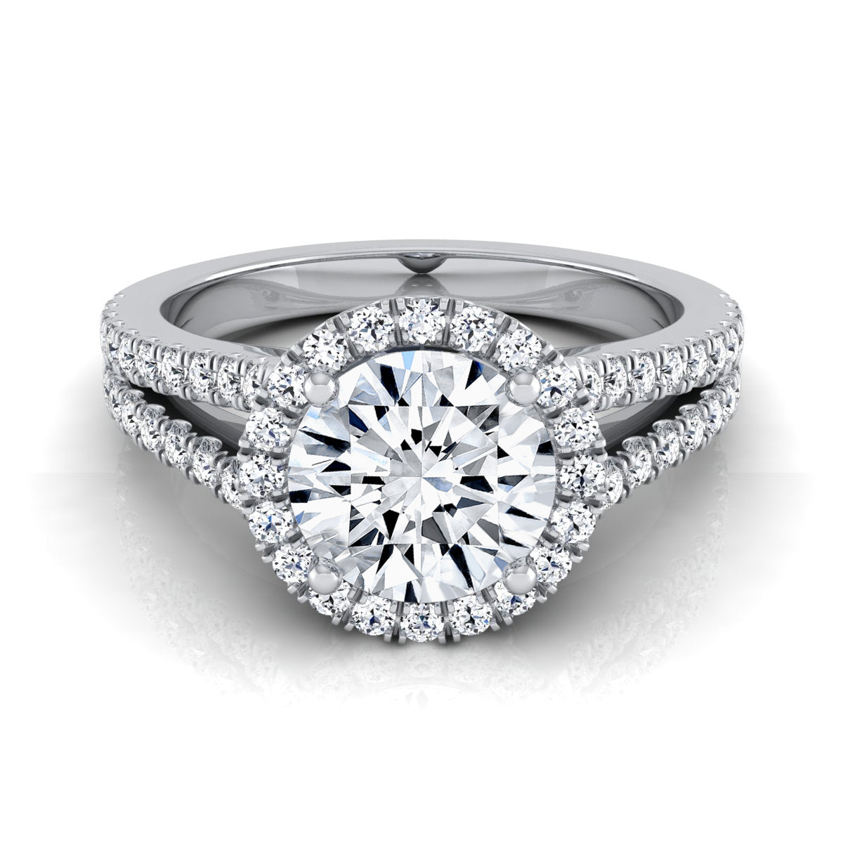1 3/8ctw Round Diamond Halo Engagement Ring With Pave Split Shank In 14k White Gold, Igi-certified