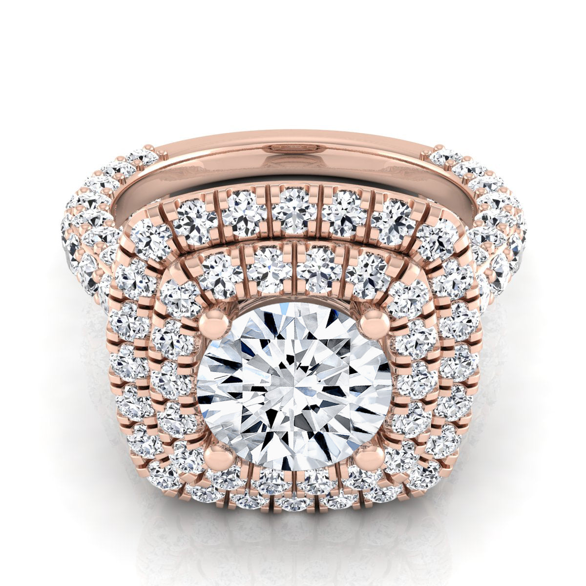 3 1/6ctw Round Diamond, Double Square Halo Engagement Ring With Pave Shank In 14k Rose Gold, Igi-certified