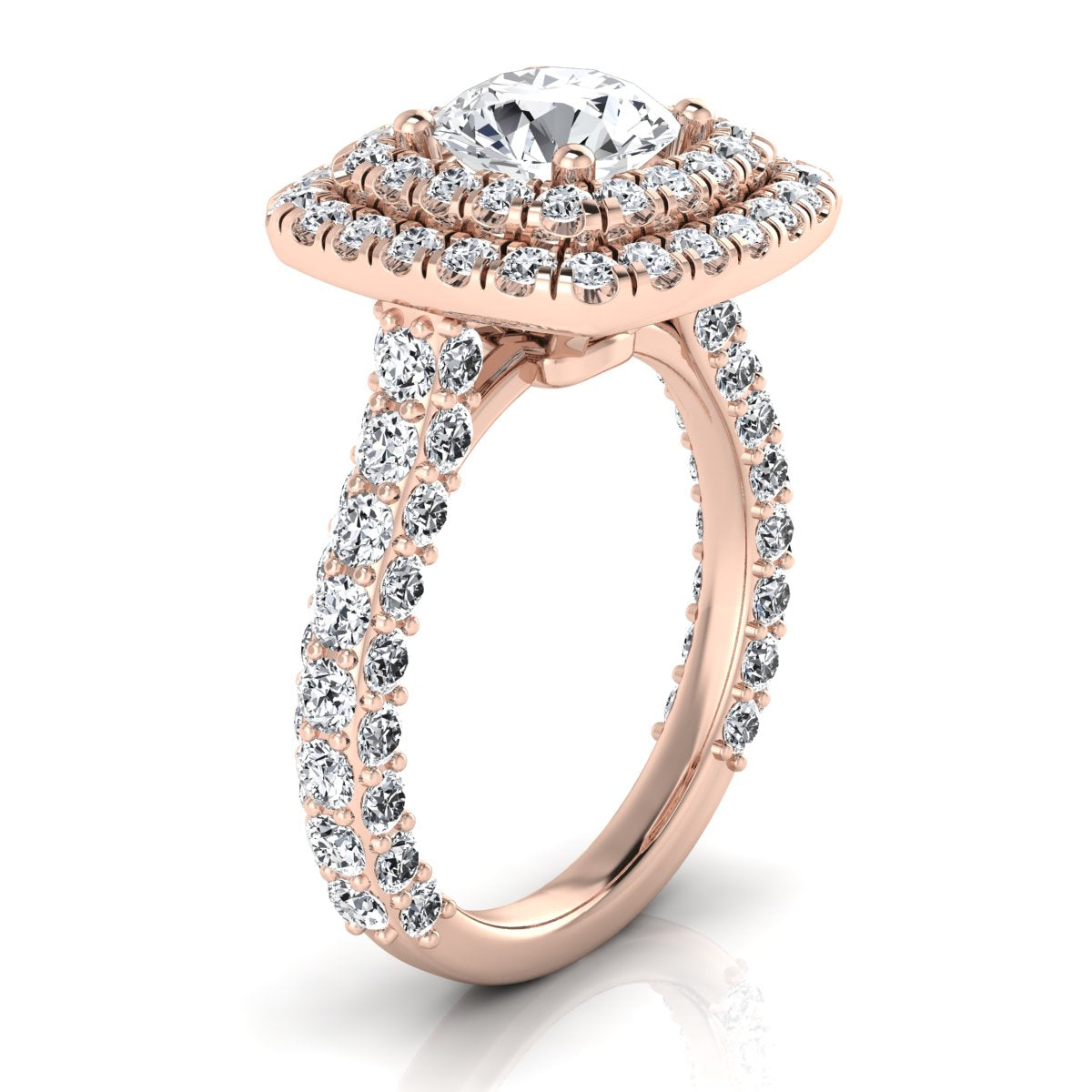 3 1/6ctw Round Diamond, Double Square Halo Engagement Ring With Pave Shank In 14k Rose Gold, Igi-certified