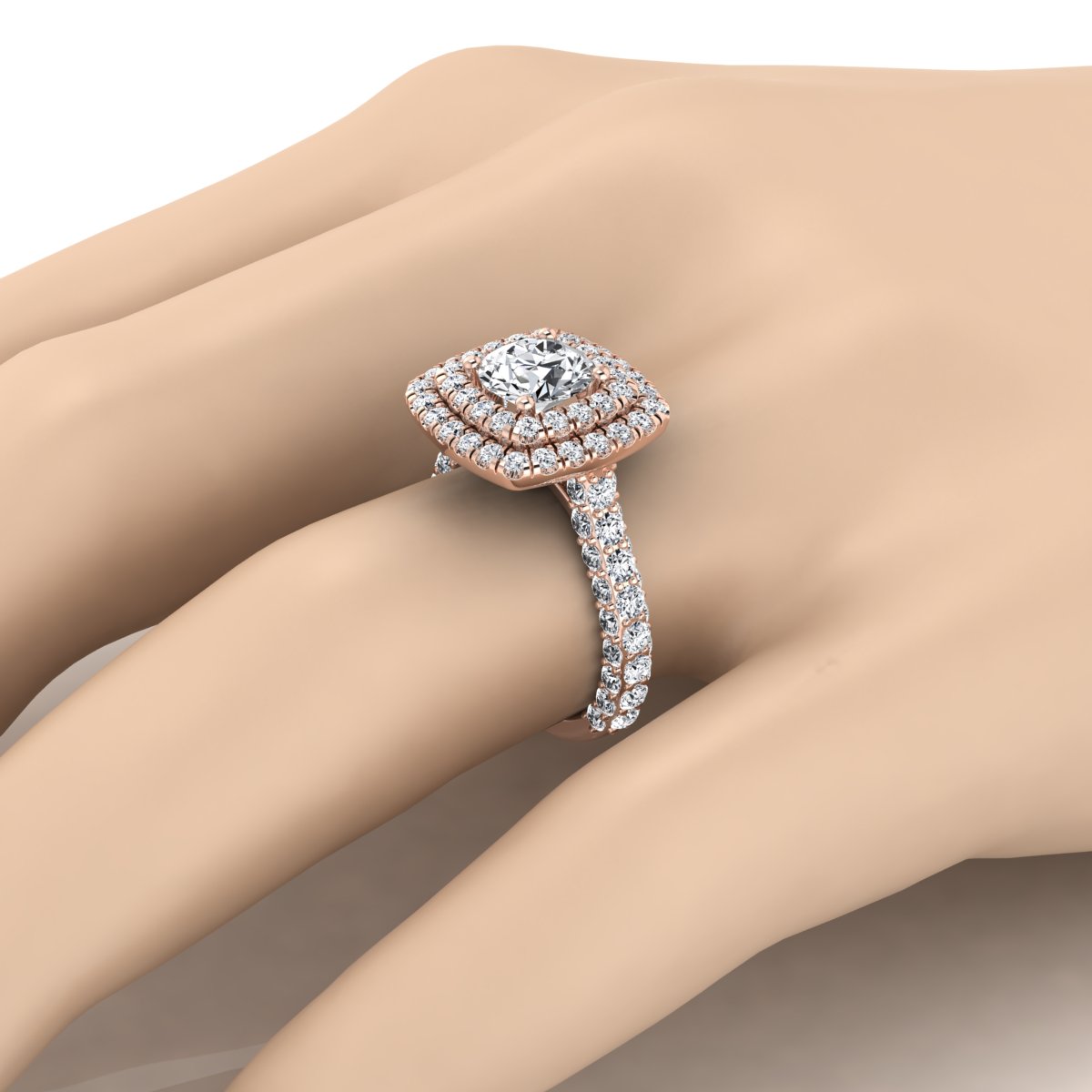 3 1/6ctw Round Diamond, Double Square Halo Engagement Ring With Pave Shank In 14k Rose Gold, Igi-certified