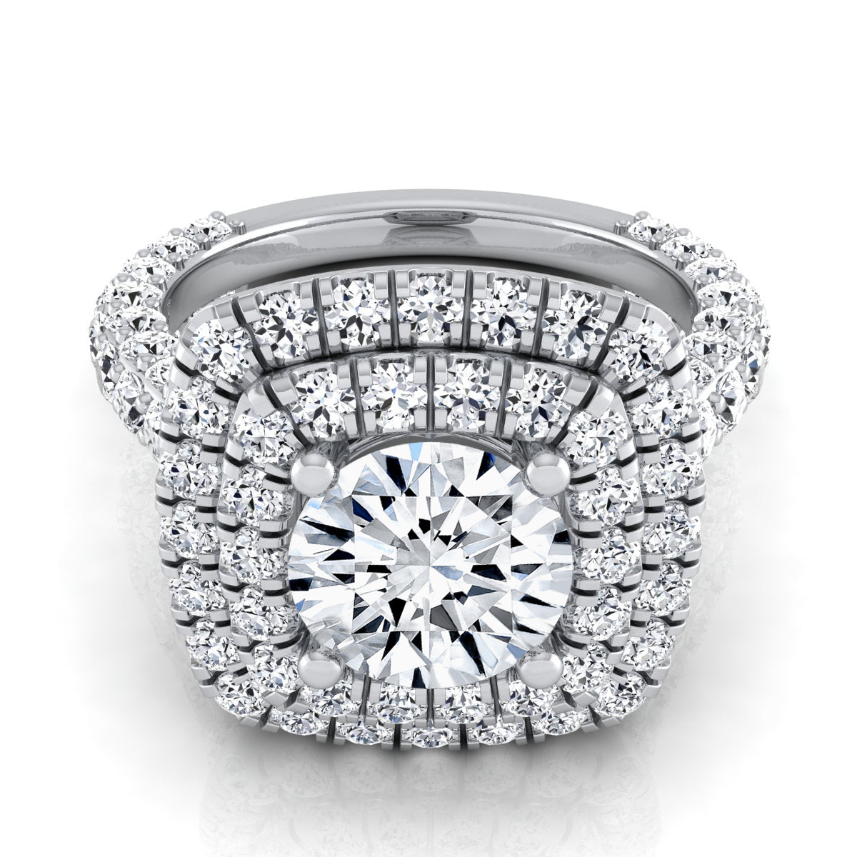 3 1/6ctw Round Diamond, Double Square Halo Engagement Ring With Pave Shank In 14k White Gold, Igi-certified