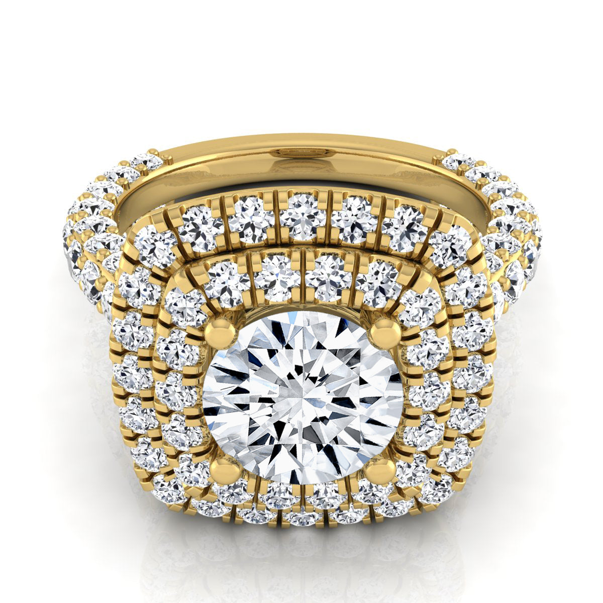 3 1/6ctw Round Diamond, Double Square Halo Engagement Ring With Pave Shank In 14k Yellow Gold, Igi-certified