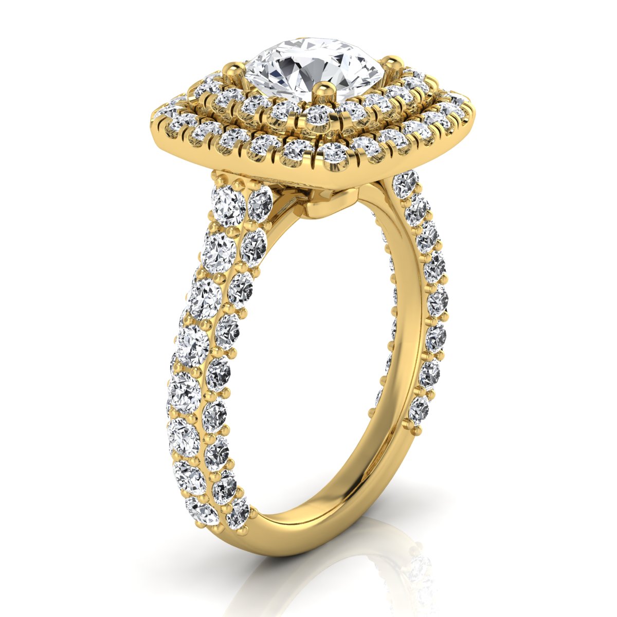 3 1/6ctw Round Diamond, Double Square Halo Engagement Ring With Pave Shank In 14k Yellow Gold, Igi-certified