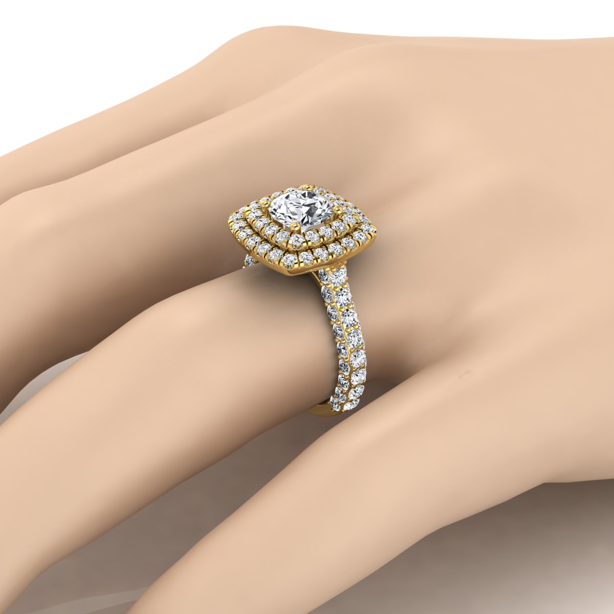 3 1/6ctw Round Diamond, Double Square Halo Engagement Ring With Pave Shank In 14k Yellow Gold, Igi-certified