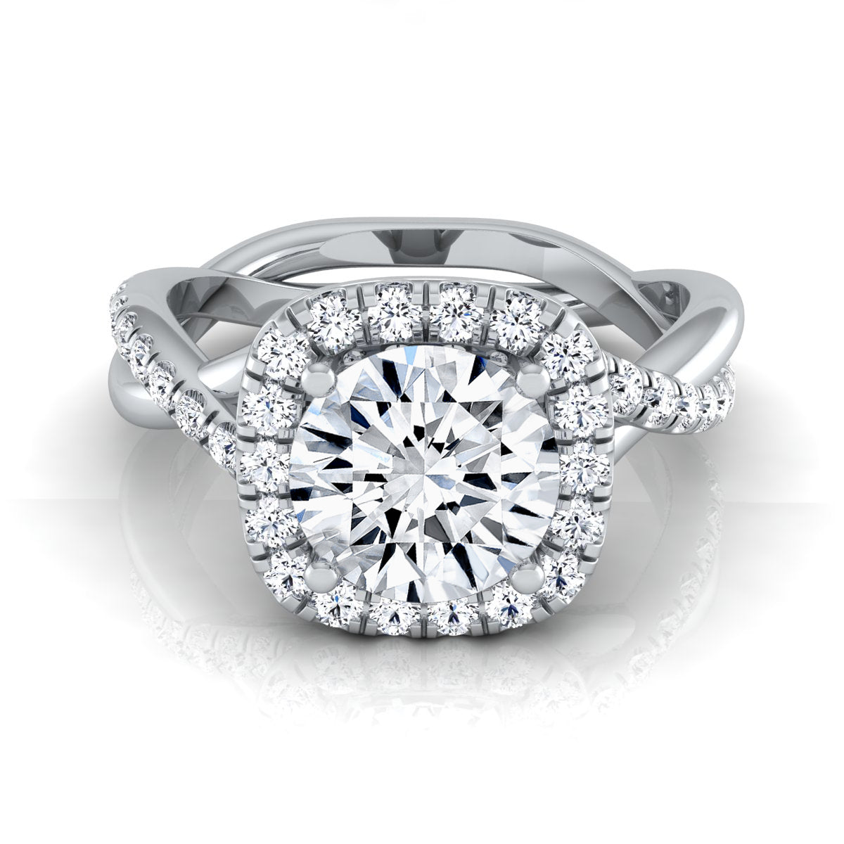 1 3/8ctw Round Diamond Halo Engagement Ring With Twist Shank In 14k White Gold, Igi-certified