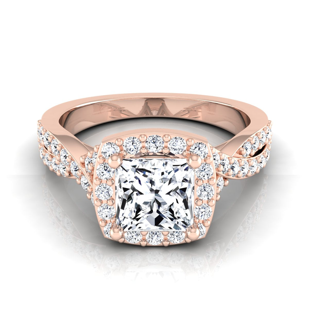 1 3/8ctw Round Diamond Square Halo Engagement Ring With Twisted Pave Shank In 14k Rose Gold, Igi-certified -