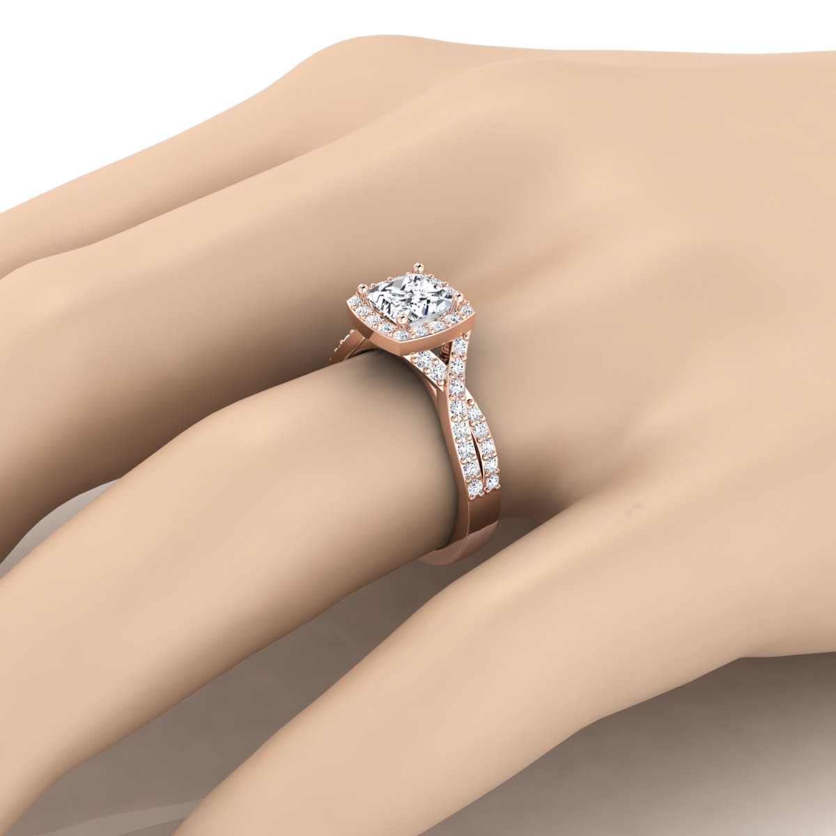 1 3/8ctw Round Diamond Square Halo Engagement Ring With Twisted Pave Shank In 14k Rose Gold, Igi-certified -