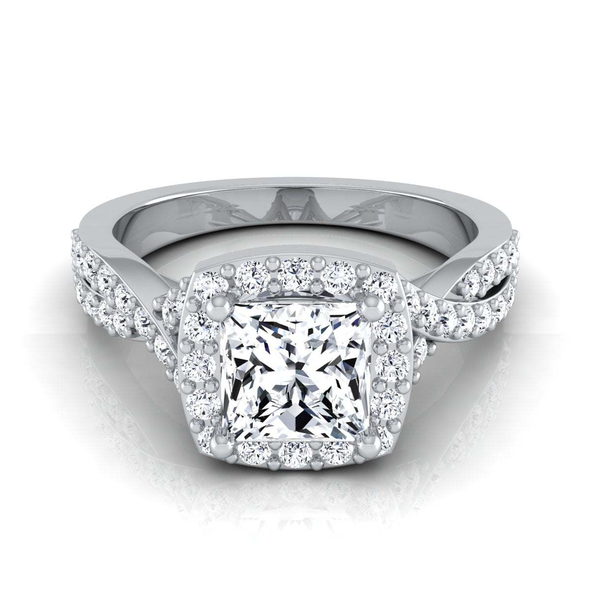 1 3/8ctw Round Diamond Square Halo Engagement Ring With Twisted Pave Shank In 14k White Gold, Igi-certified