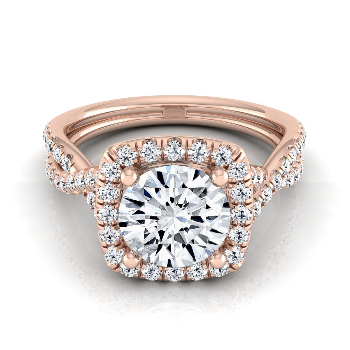 1 3/8ctw Round Diamond Square Halo Engagement Ring With Twisted Pave Shank In 14k Rose Gold, Igi-certified