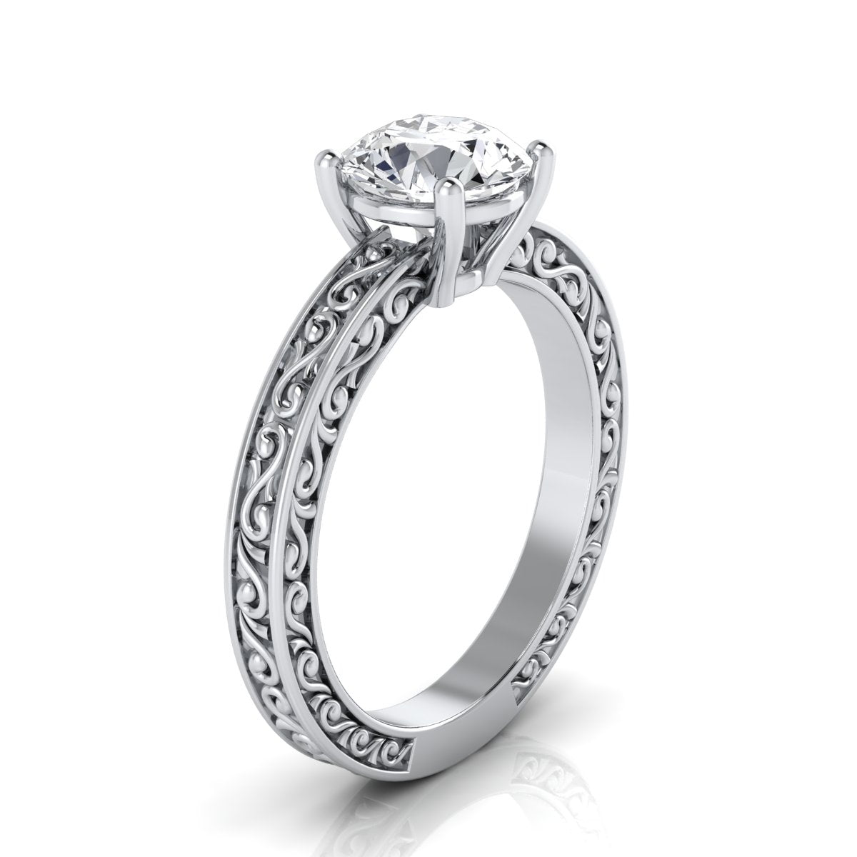 1ct Round Diamond Solitaire Engagement Ring With Scroll Detail Shank In 14k White Gold, Igi-certified
