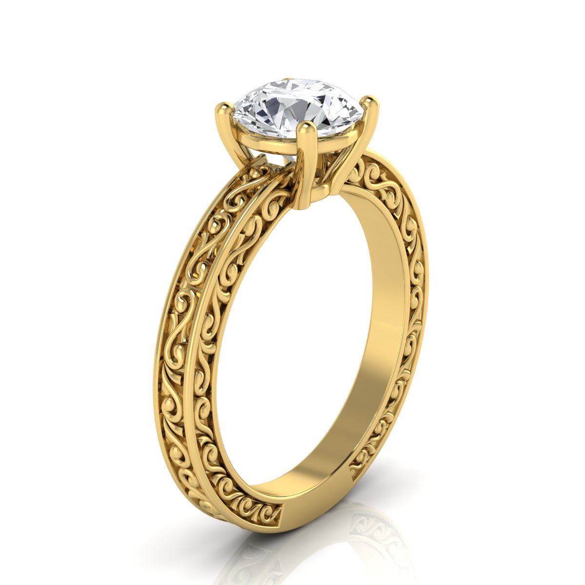 1ct Round Diamond Solitaire Engagement Ring With Scroll Detail Shank In 14k Yellow Gold, Igi-certified