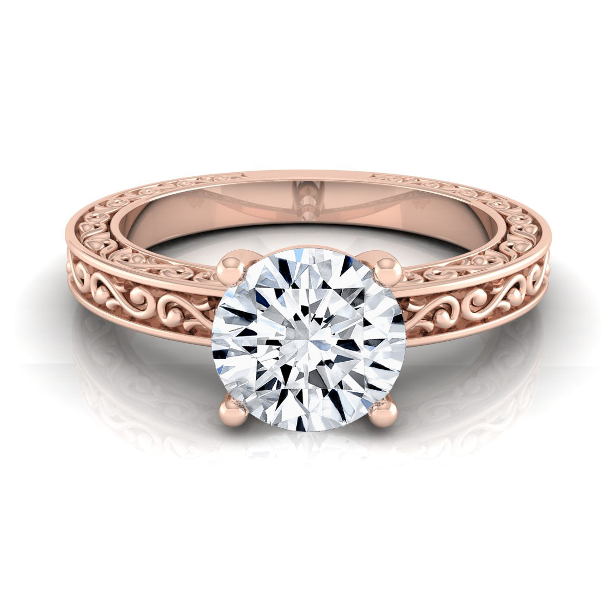 1ct Round Diamond Solitaire Engagement Ring With Scroll Detail Shank In 14k Rose Gold, Igi-certified