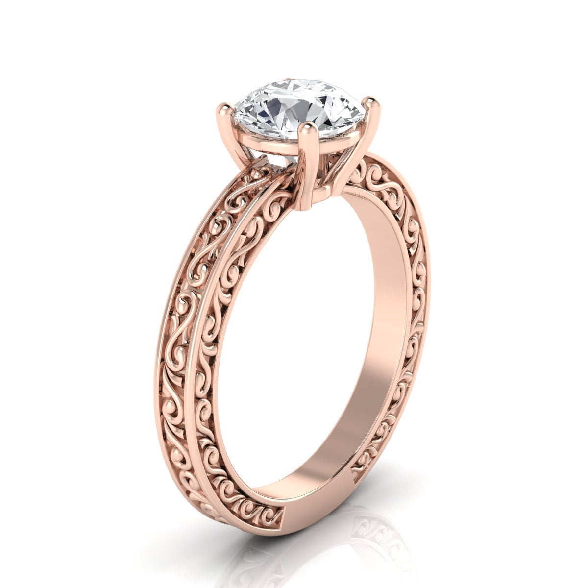 1ct Round Diamond Solitaire Engagement Ring With Scroll Detail Shank In 14k Rose Gold, Igi-certified
