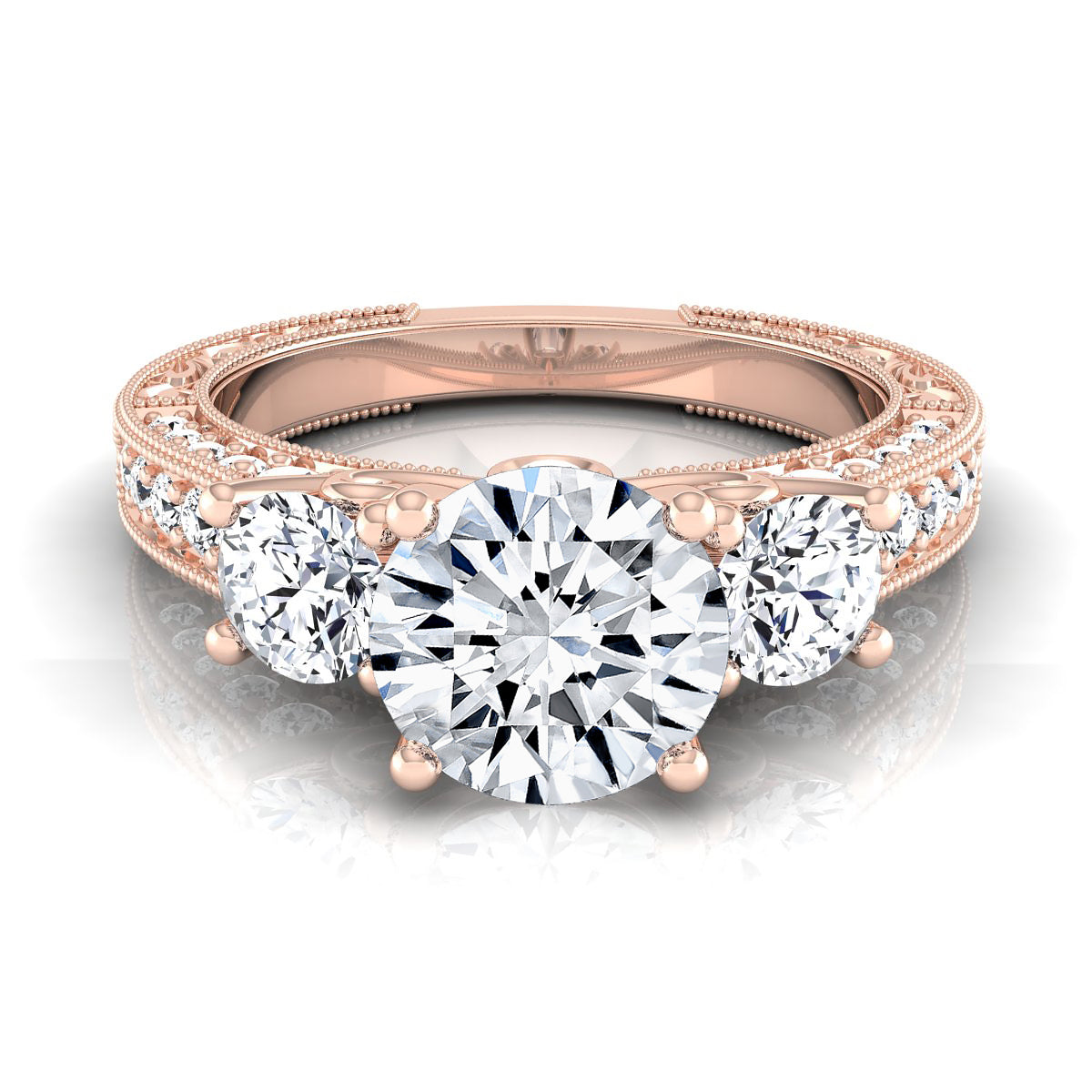 1 7/8ctw Round 3 Stone Engagement Ring With Diamond Pave Shank In 14k Rose Gold, Igi-certified