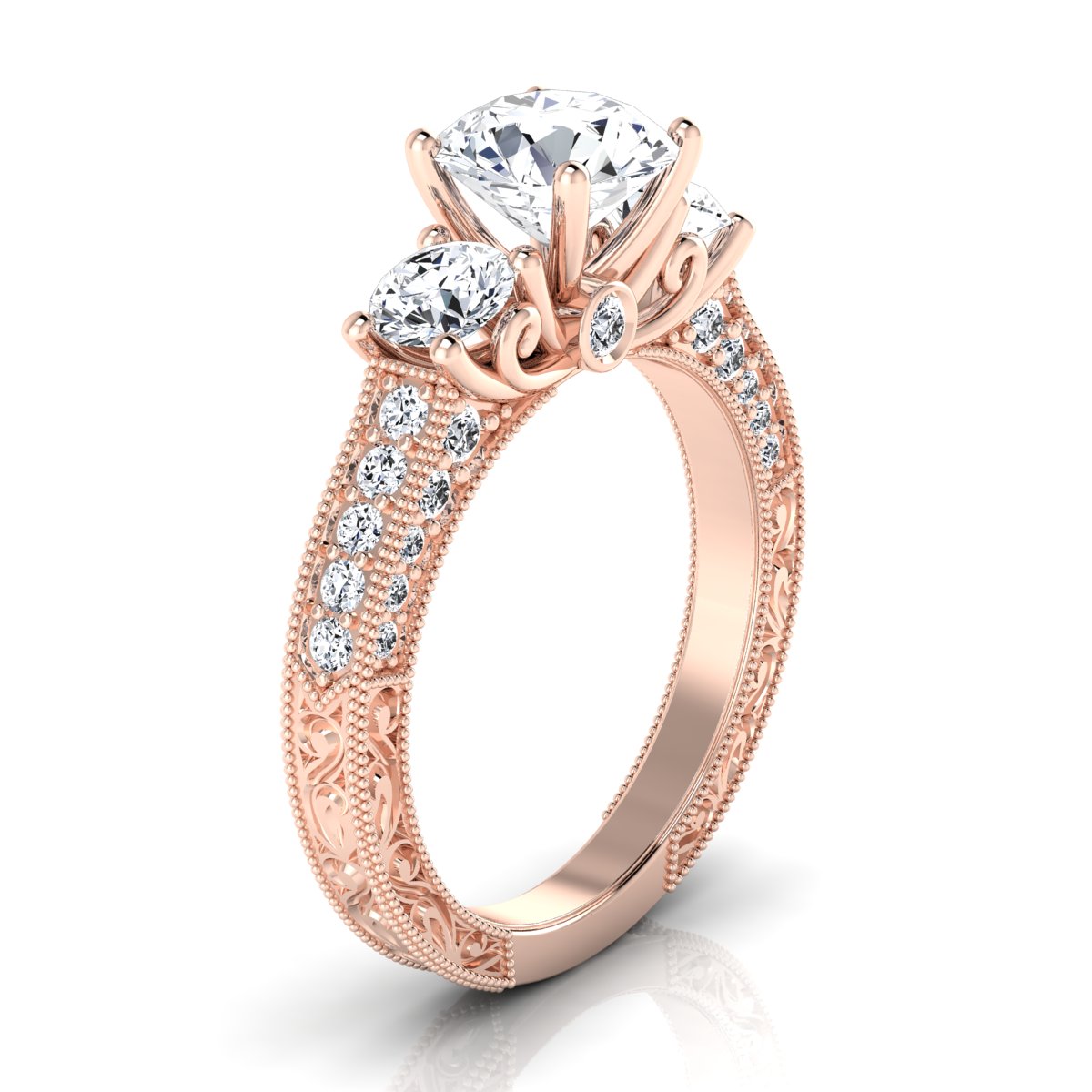 1 7/8ctw Round 3 Stone Engagement Ring With Diamond Pave Shank In 14k Rose Gold, Igi-certified