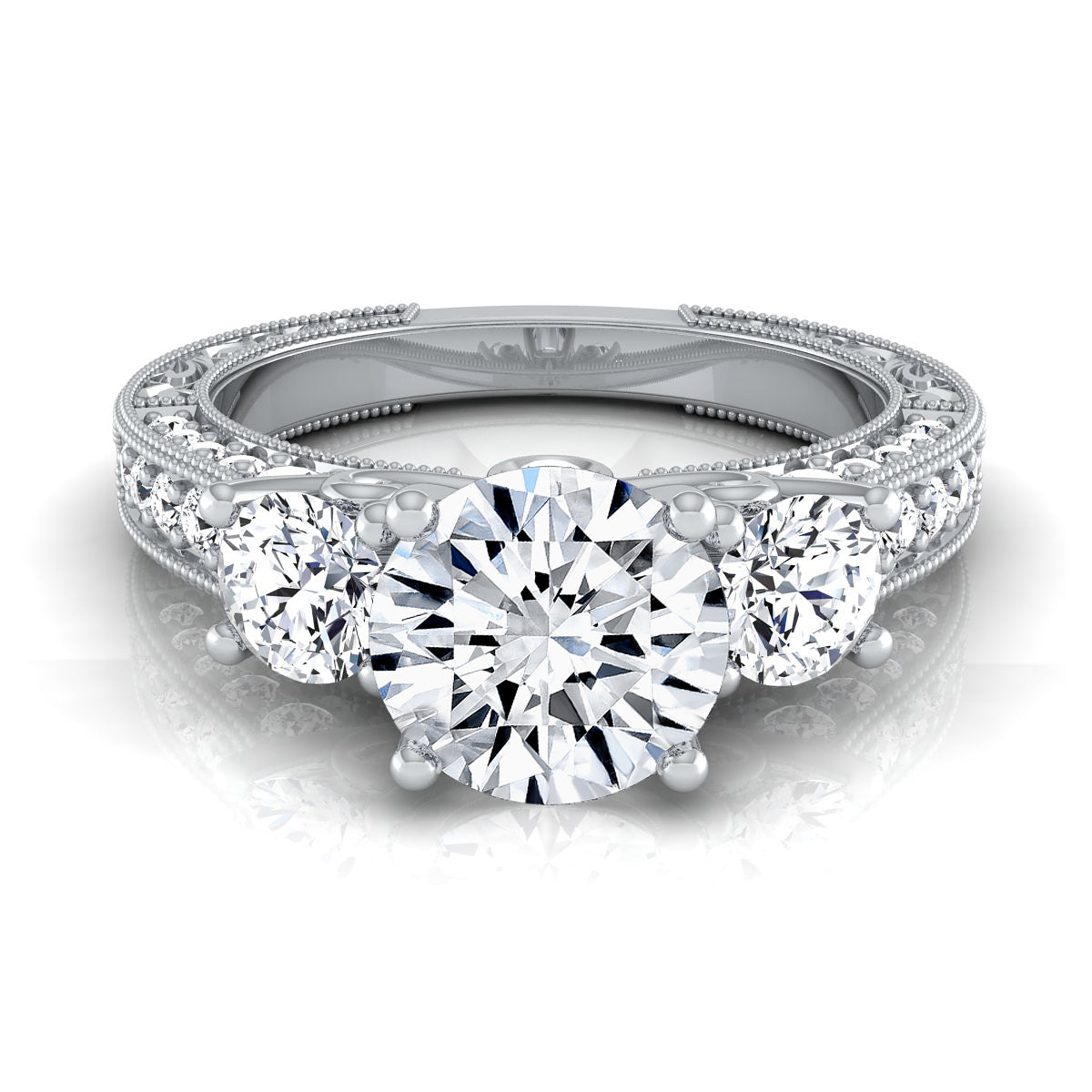 1 7/8ctw Round 3 Stone Engagement Ring With Diamond Pave Shank In 14k White Gold, Igi-certified