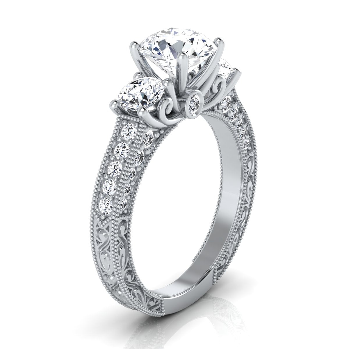 1 7/8ctw Round 3 Stone Engagement Ring With Diamond Pave Shank In 14k White Gold, Igi-certified