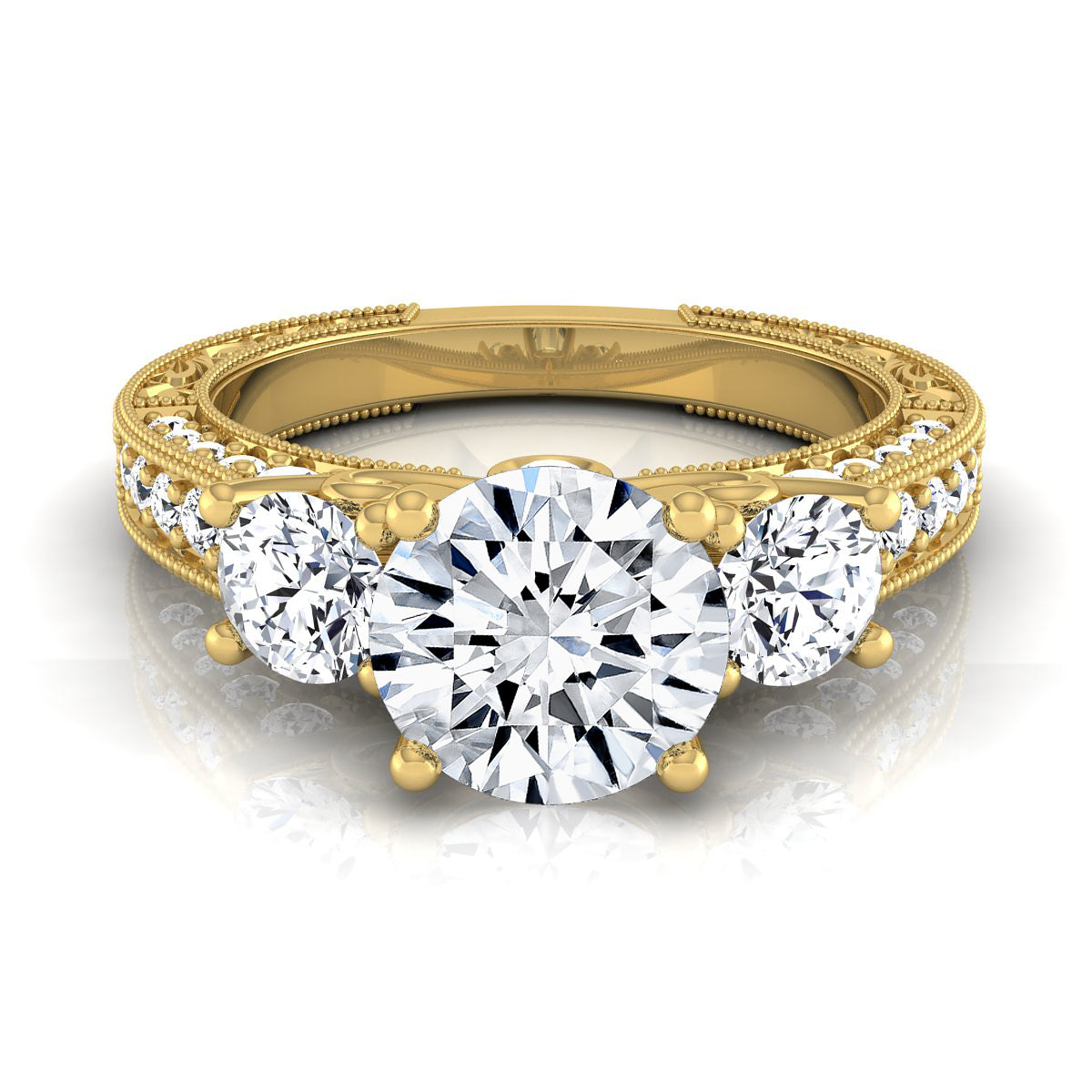 1 7/8ctw Round 3 Stone Engagement Ring With Diamond Pave Shank In 14k Yellow Gold, Igi-certified
